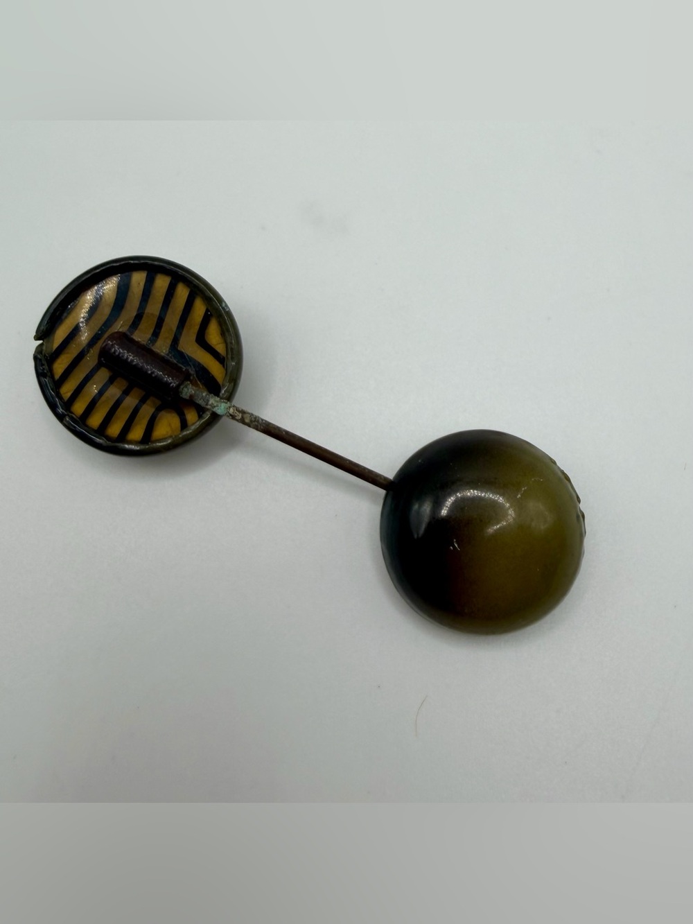 Jabot Vtg Art Deco Celluloid Hat Pin Green Dome Stripe Yellow Round Stick Brooch